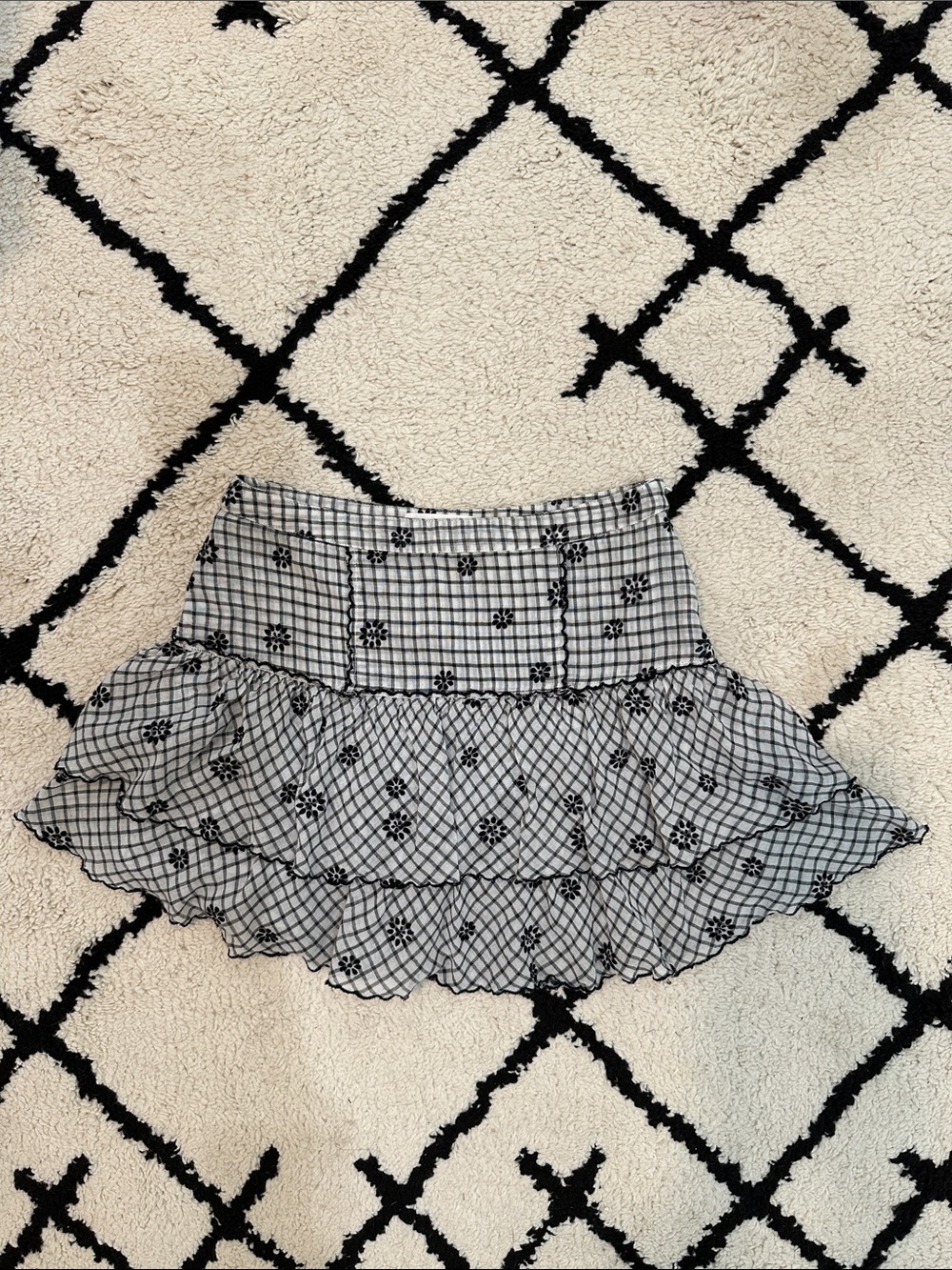 LoveShackFancy Black and White Checked Ruffle Mini Skirt